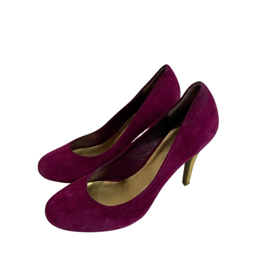 Size 7.5 Jessica Simpson Womens Oscar Purple Faux Suede Heels Gold Flaws